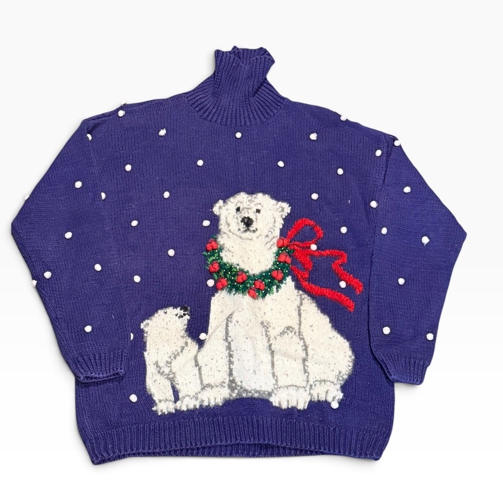 Vintage Marisa Christina 1996 Polar Bear Christmas Sweater Snow Purple Medium
